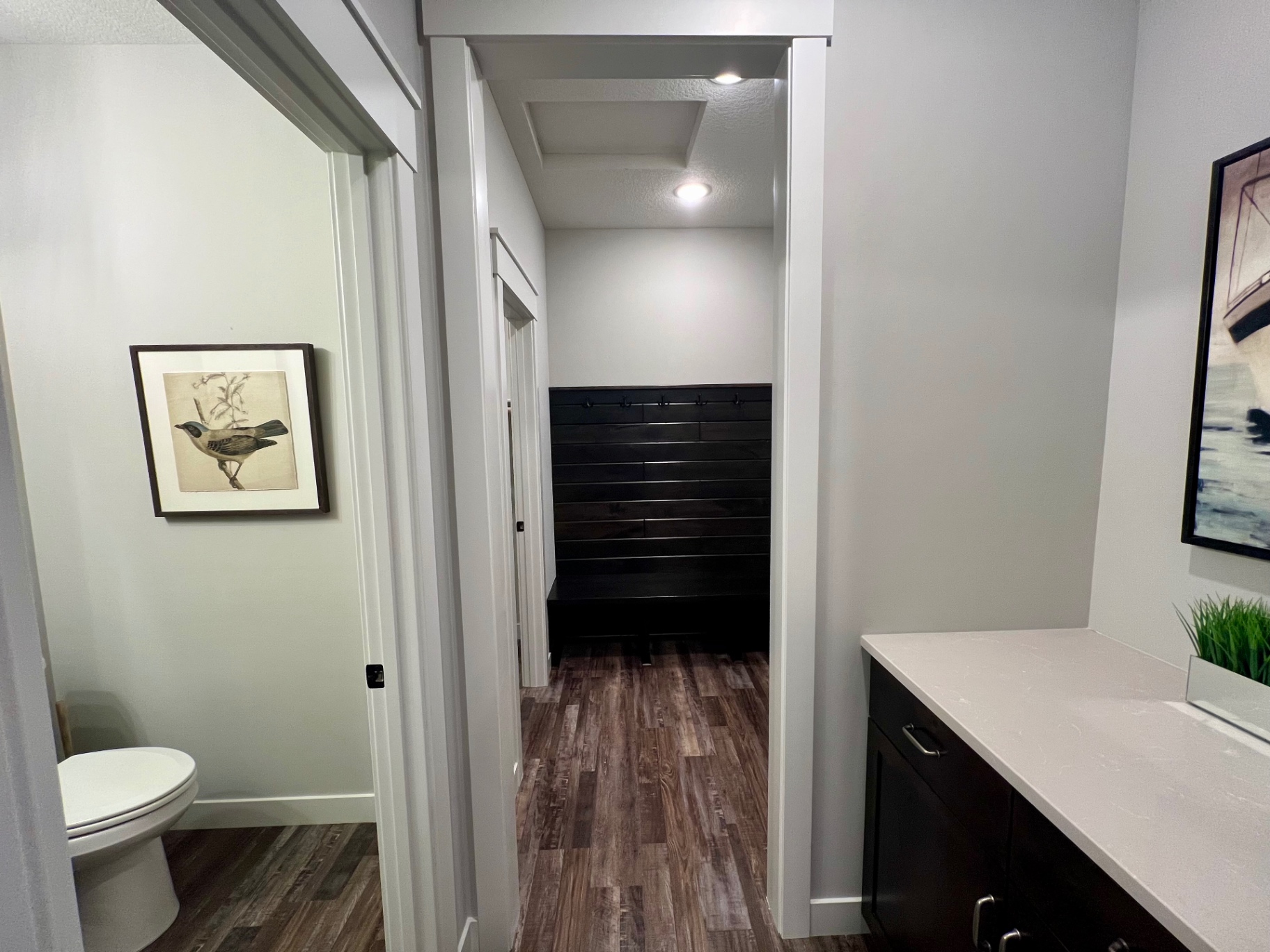 Powder bath, bench, and coat hooks framing the path in from the garage.