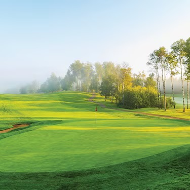 Morning mist rolling across a green at The Pines