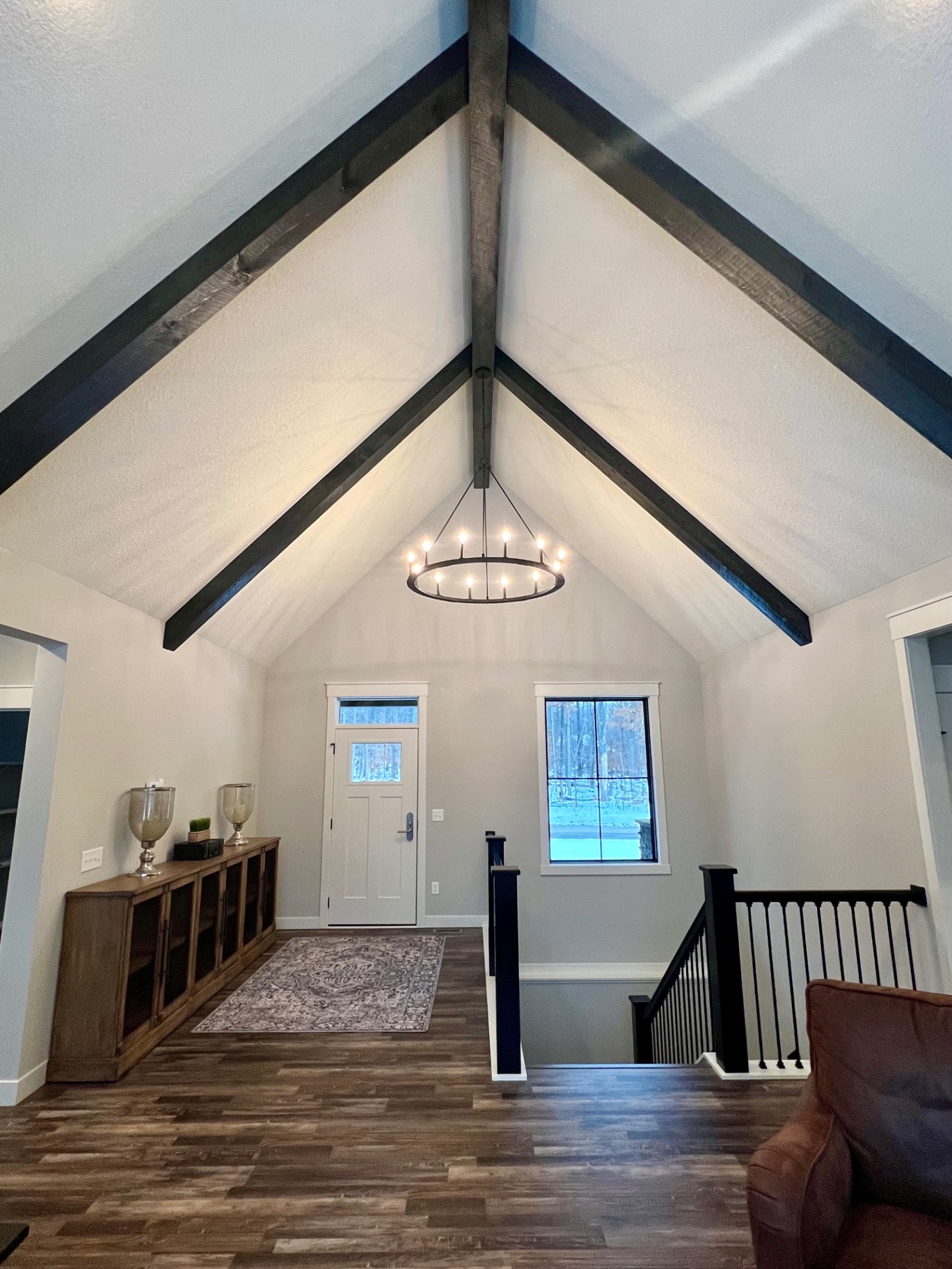 Symmetrical view of the timber-framed vault from the great room.